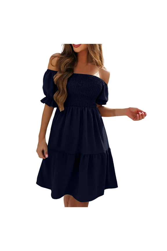 Off The Shoulder Flowy Mid Dress for Women 2025 Summer Casual Puff Short Sleeve Smocked Ruffle Beach Long Dresses (Blue, S)