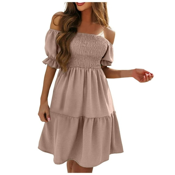 GEWSEY Off The Shoulder Flowy Mid Dress for Women 2025 Summer Casual Puff Short Sleeve Smocked Ruffle Beach Long Dresses (Khaki, S)