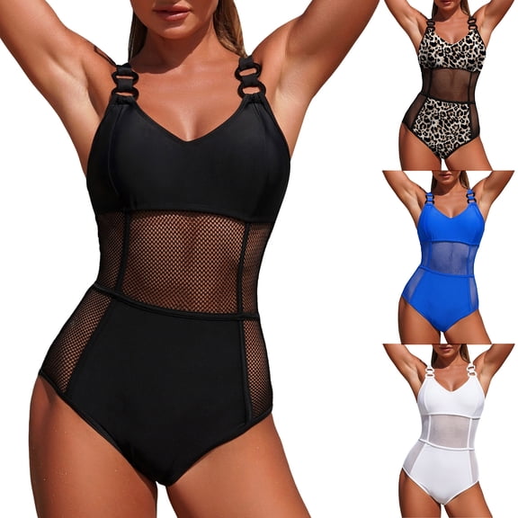 GEWSEY One Piece Mesh Swimsuits for Women-Sexy V Neck Tummy Control Adjustable Slimming Bathing Suit|Womens Swimsuits (Black, M)