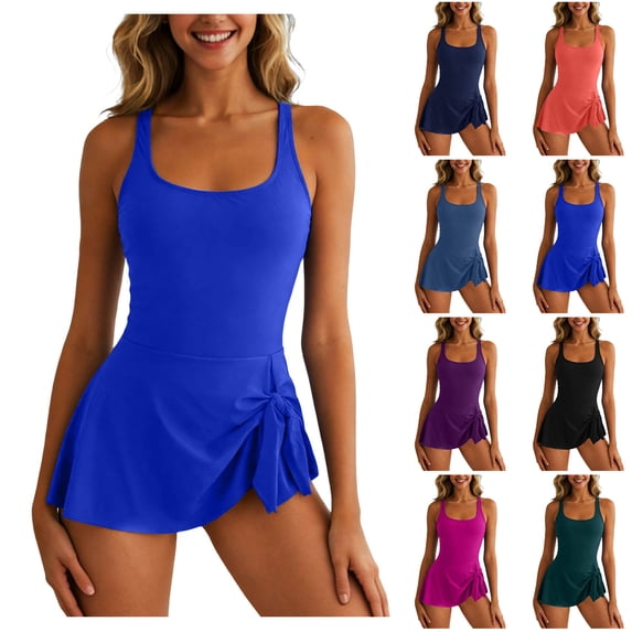 GEWSEY One Piece Swimdress Swimsuits for Women Tummy Control Swim Dresses Skirt Bathing Suit (Blue, 4XL)