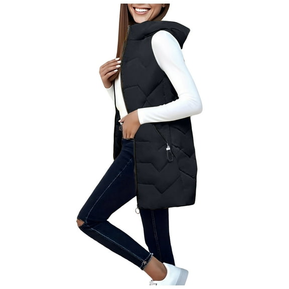 GEWSEY Oversized Long Down Vest for Women Outdoor Coats with Hood Long Puffer Vest Winter Coats Sleeveless Warm Jacket (Black, L)