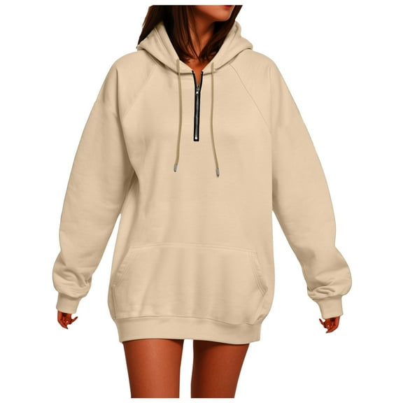 GEWSEY Oversized Zip Up Hoodie Women Fleece Quarter Zip Pullover Sweatshirts Casual Long Sleeve Top Fall Clothes with Pockets (Beige, 4XL)