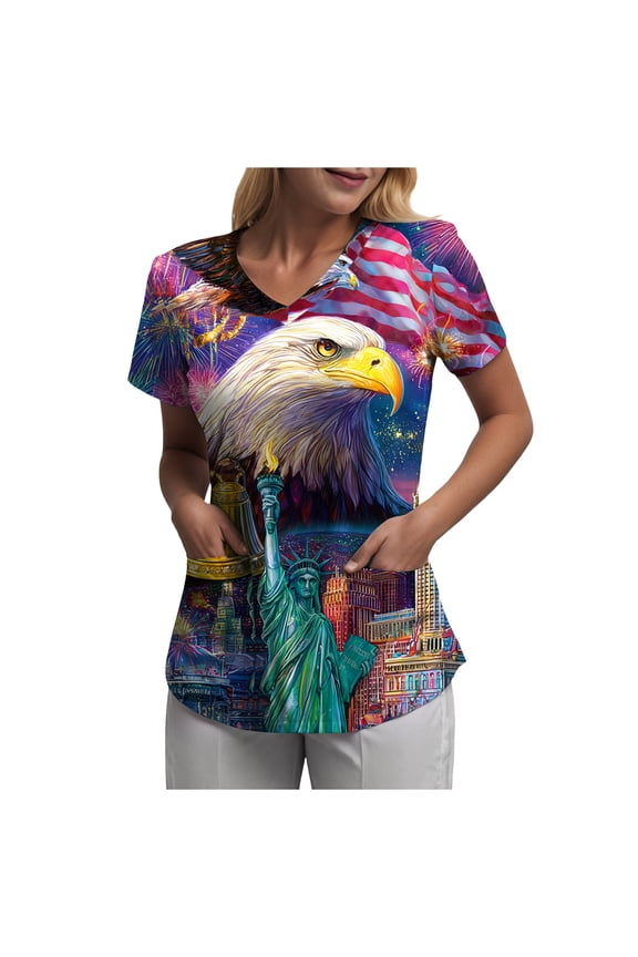 Patriotic Scrub Tops for Women 4th of July Flag Print V Neck Tee Short Sleeve Casual Tops Working Uniform (Watermelon Red, XXL)