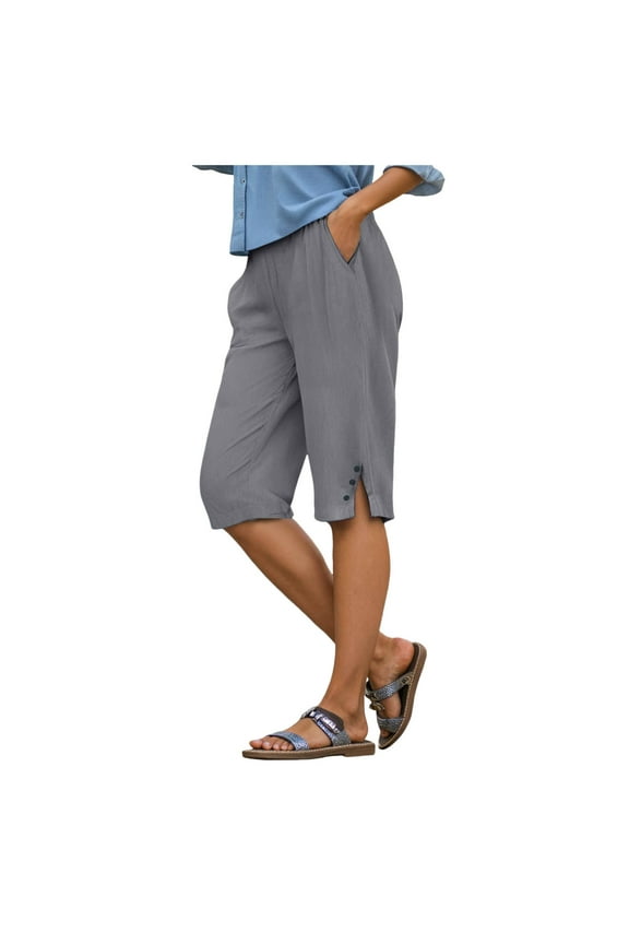 Pedal Pushers for Women Lightweight Linen Capri Pants Casual Loose Elastic Waist Bermuda Shorts Summer Capris Pants Dark Gray, M