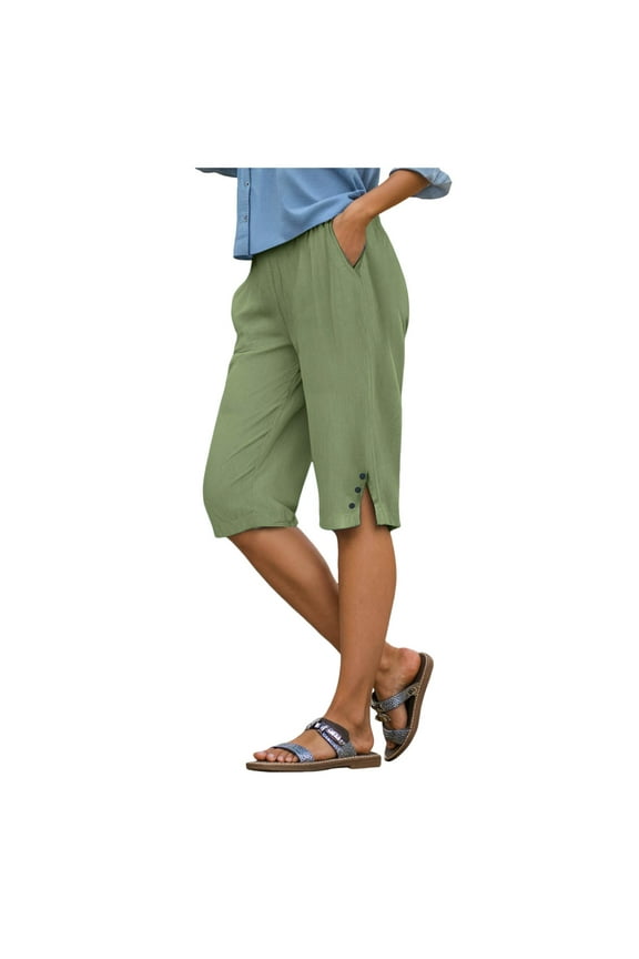 Pedal Pushers for Women Lightweight Linen Capri Pants Casual Loose Elastic Waist Bermuda Shorts Summer Capris Pants Green, M