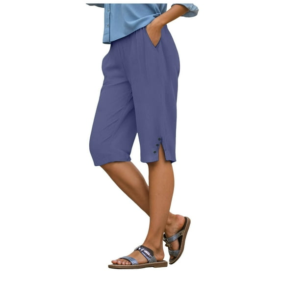 GEWSEY Pedal Pushers for Women Lightweight Linen Capri Pants Casual Loose Elastic Waist Bermuda Shorts Summer Capris Pants Navy, M