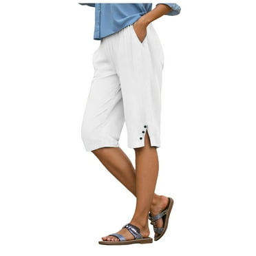 GEWSEY Pedal Pushers for Women Lightweight Linen Capri Pants Casual Loose Elastic Waist Bermuda Shorts Summer Capris Pants White, XL