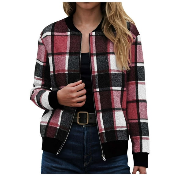 GEWSEY Plaid Shirts for Women Zip Up Shackets Jackets Casual Long Sleeve Flannel Jacket Fall Outfits for Women 2025 (Wine, XXL)