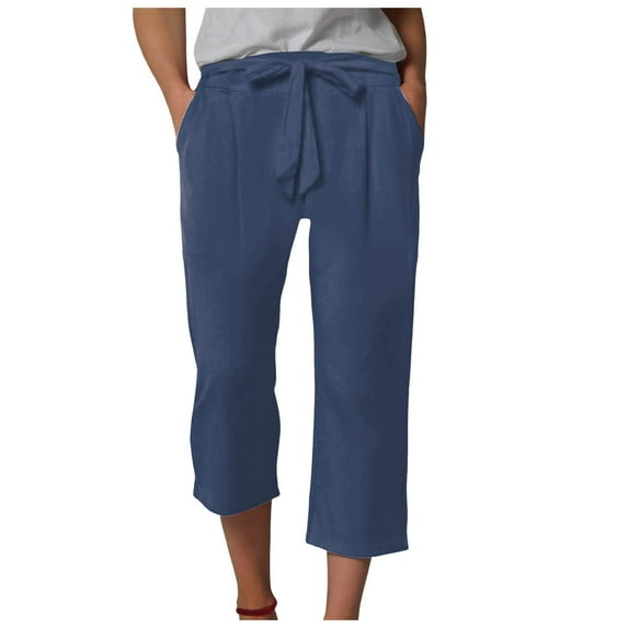 GEWSEY Plus Size Casual Pants for Women Cotton Linen Capris Summer 2025 Straight Wide Leg Loose Drawstring Elastic Waist Cropped Trouser (Navy, S)