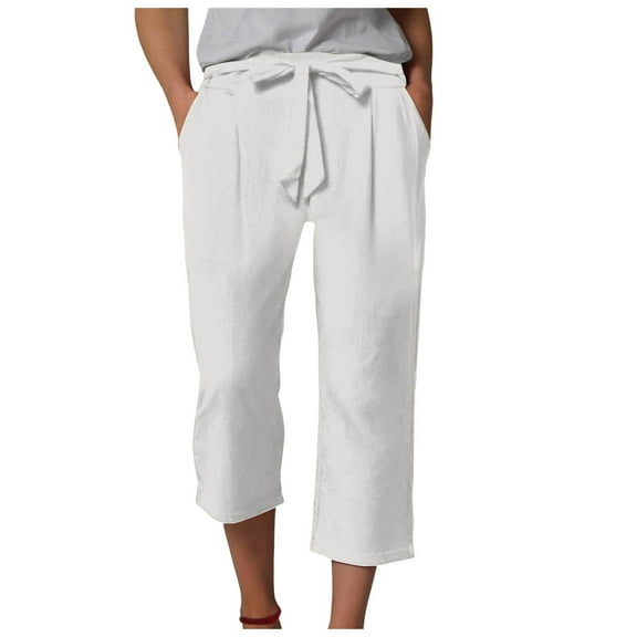 GEWSEY Plus Size Casual Pants for Women Cotton Linen Capris Summer 2025 Straight Wide Leg Loose Drawstring Elastic Waist Cropped Trouser (White, 3XL)