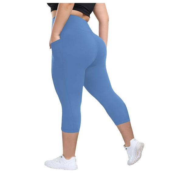 GEWSEY Plus Size Leggings with Pockets for Women, High Waisted Capri Yoga Workout Pants Cropped Tights 3X 4X Blue, 4XL