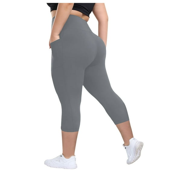 GEWSEY Plus Size Leggings with Pockets for Women, High Waisted Capri Yoga Workout Pants Cropped Tights 3X 4X Grey, 3XL