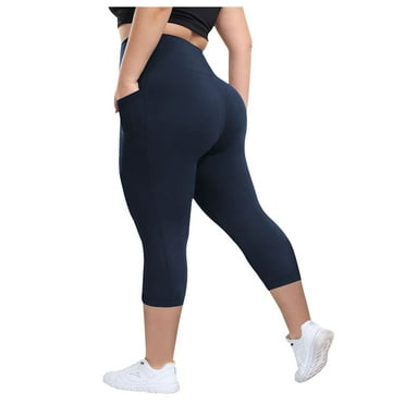 GEWSEY Plus Size Leggings with Pockets for Women, High Waisted Capri Yoga Workout Pants Cropped Tights 3X 4X Navy, 3XL