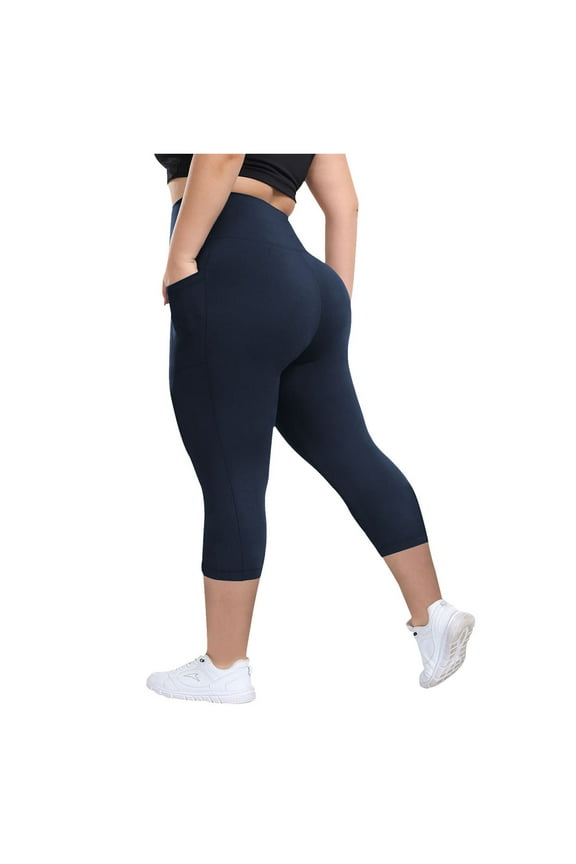 Plus Size Leggings with Pockets for Women, High Waisted Capri Yoga Workout Pants Cropped Tights 3X 4X Navy, 3XL