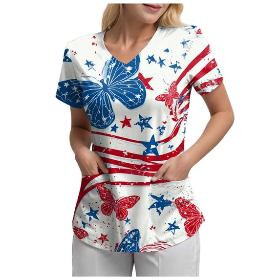 GEWSEY Plus Size Scrubs Womens 4th of July Patriotic Shirts Independence Day American Flag Print Stretchy Nursing Scrub Tops (Blue, 3XL)