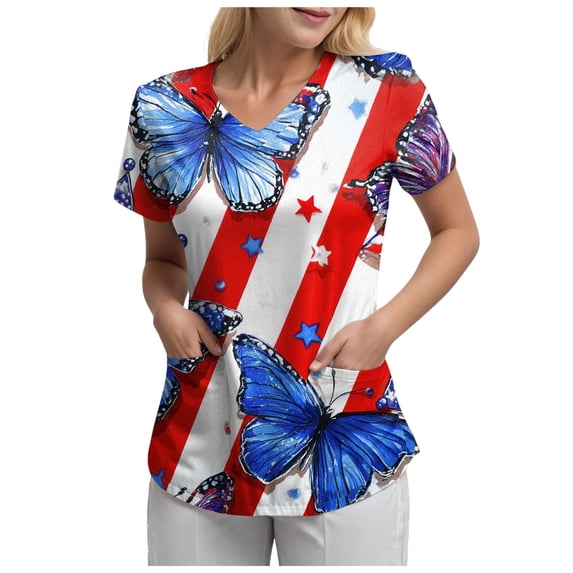 GEWSEY Plus Size Scrubs Womens 4th of July Patriotic Shirts Independence Day American Flag Print Stretchy Nursing Scrub Tops (Red, S)