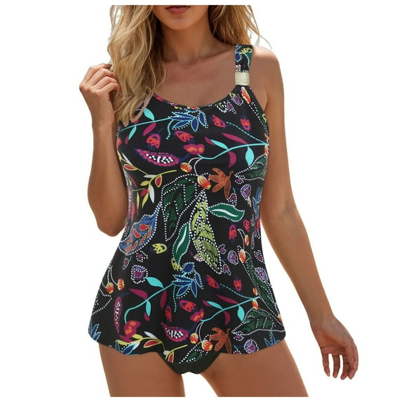 GEWSEY Plus Size Tankini Swimsuits for Women Ruched Tummy Control Bathing Suit Two Piece Swim Tank Top with High Waisted Bottom (Black, L)