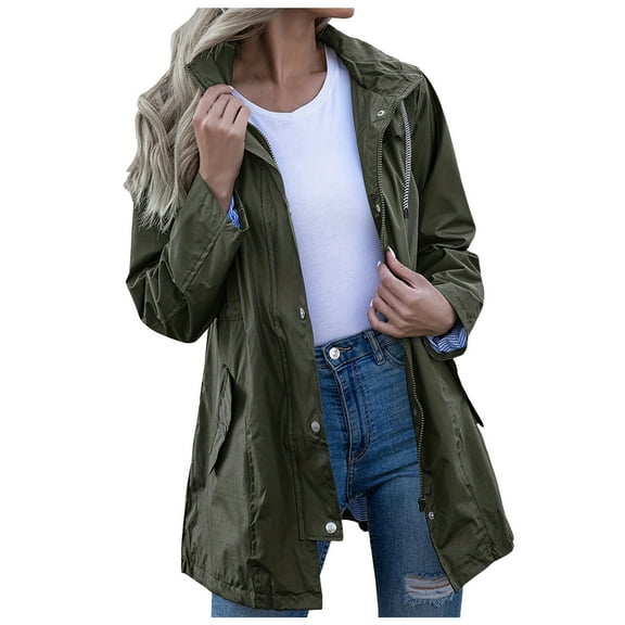 GEWSEY Rain Jacket Women Striped Lined Hooded Lightweight Raincoat Outdoor Waterproof Windbreaker (Army Green, M)