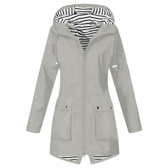GEWSEY Rain Jacket for Women Lightweight Long Hooded Raincoat Waterproof Outdoor Travel Hiking Windbreaker Trench Coats (Grey, M)