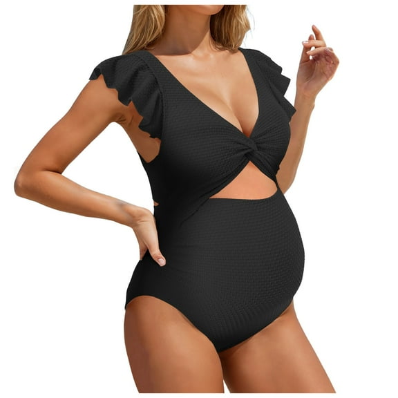 GEWSEY Ruffle Ribbed Maternity Swimsuit One Piece High Waisted Pregnancy Bathing Suits Push Up Swimwear (Black, XL)