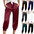thumbnail image 1 of GEWSEY Satin Capri Pants for Women High Waist Lightweight Drawstring Casual Cropped Trouser Loose Fit Fashion Solid Trousers (Black, M), 1 of 5