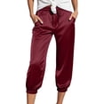 thumbnail image 1 of GEWSEY Satin Capri Pants for Women High Waist Lightweight Drawstring Casual Cropped Trouser Loose Fit Fashion Solid Trousers (Wine, M), 1 of 5