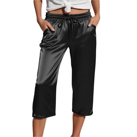 GEWSEY Satin Capri Pants for Women Loose Fit Fashion Solid Trousers Lightweight Drawstring High Waist Casual Cropped Trouser (Dark Gray, S)
