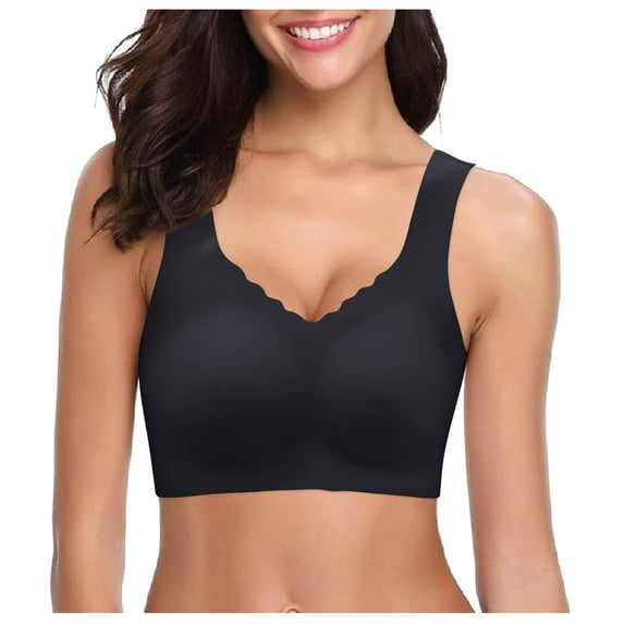 GEWSEY Scalloped Lift Bras for Women No Underwire Buttery Soft Push Up Wireless Bras V Neck Seamless Bralettes (Black, 34A-34C)