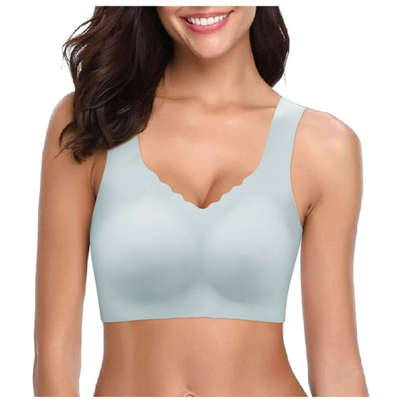 GEWSEY Scalloped Lift Bras for Women No Underwire Buttery Soft Push Up Wireless Bras V Neck Seamless Bralettes (Light Blue, 32A-32C)