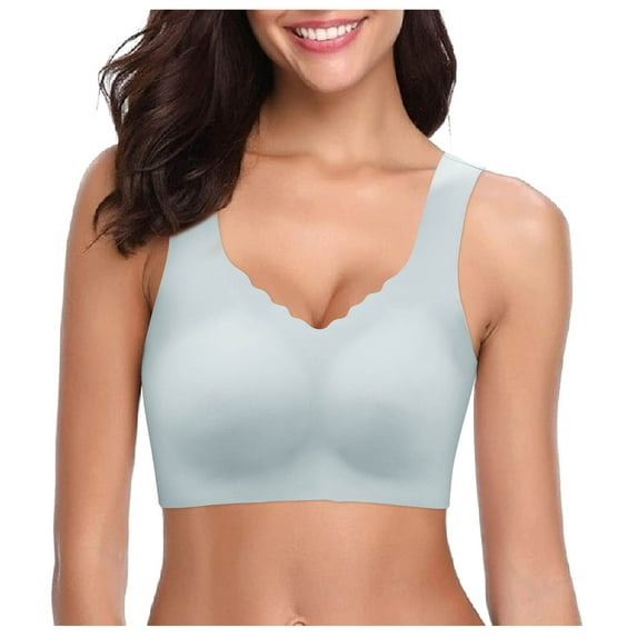 GEWSEY Scalloped Lift Bras for Women No Underwire Buttery Soft Push Up Wireless Bras V Neck Seamless Bralettes (Light Blue, 34A-34C)