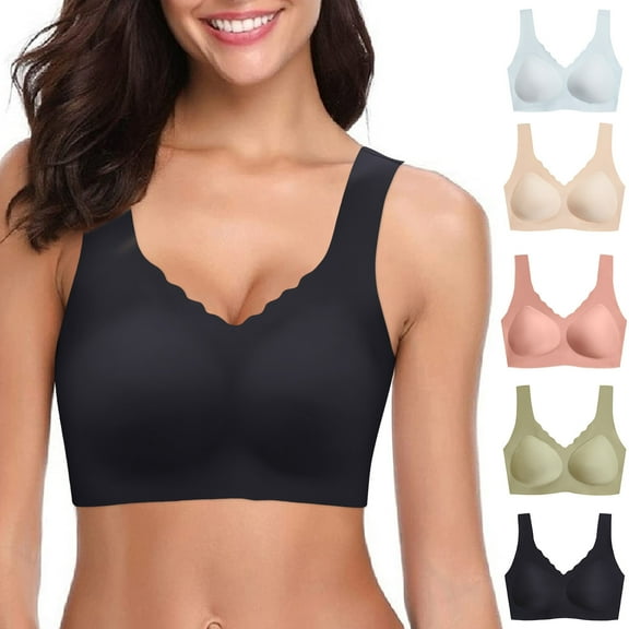 GEWSEY Scalloped Lift Bras for Women No Underwire Buttery Soft Push Up Wireless Bras V Neck Seamless Bralettes (Pink, 34A-34C)