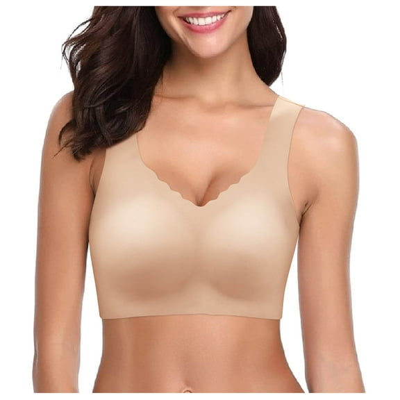 GEWSEY Scalloped Lift Bras for Women No Underwire Buttery Soft Push Up Wireless Bras V Neck Seamless Bralettes (White, 32A-32C)