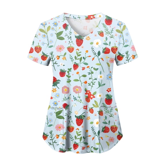 GEWSEY Scrub Tops Women Funny Print V Neck Short Sleeve Shirts Stretch Anti Nursing Uniform (Sky Blue, XXL)