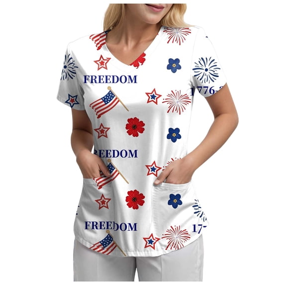 GEWSEY Scrub Tops Women Short Sleeve Plus Size V-Neck Fun Printed Scrubs Top Medical Nursing Uniforms with Pockets S-5Xl (Watermelon Red, M)