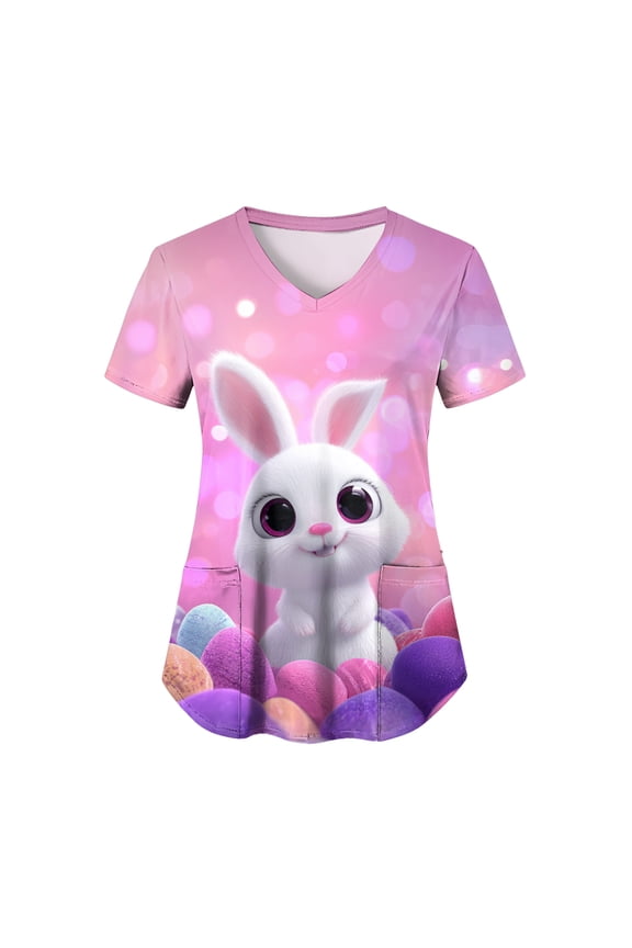 Scrub Tops for Women V-Neck Short Sleeve Easter Holiday Themed Iirish Shamrock Scrubs (Pink, S)