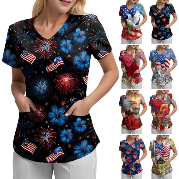 GEWSEY Scrubs for Women Patriotic Nurse Shirt 4th of July Plus Size V Neck Short Sleeve Scrub Top American Flag Nursing Tops (Blue, M)