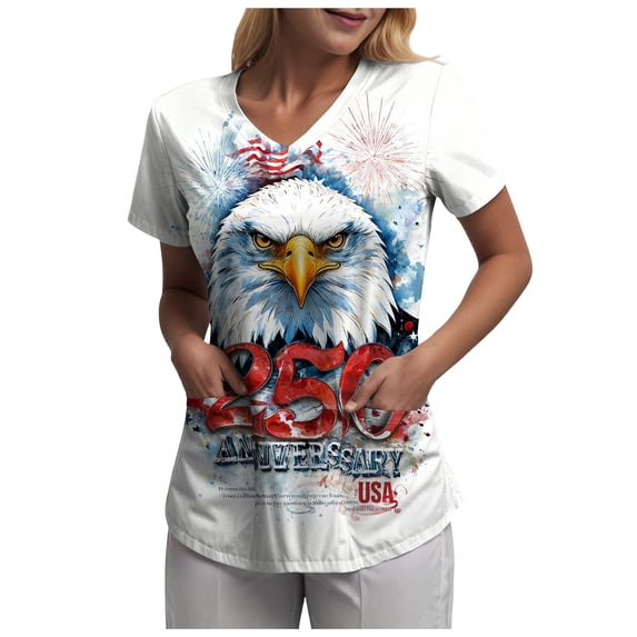 GEWSEY Scrubs for Women Plus Size Stretch Short Sleeve V Neck Pattern Nurse Tops Working Uniform Nursing Top with Pockets (White, 3XL)