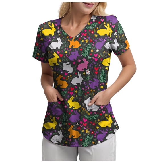 GEWSEY Scrubs for Women Tops Easter Print Shirt V Neck Cartoon Pattern Short Sleeve Nursing Uniform with Pockets (Dark Gray, XXL)