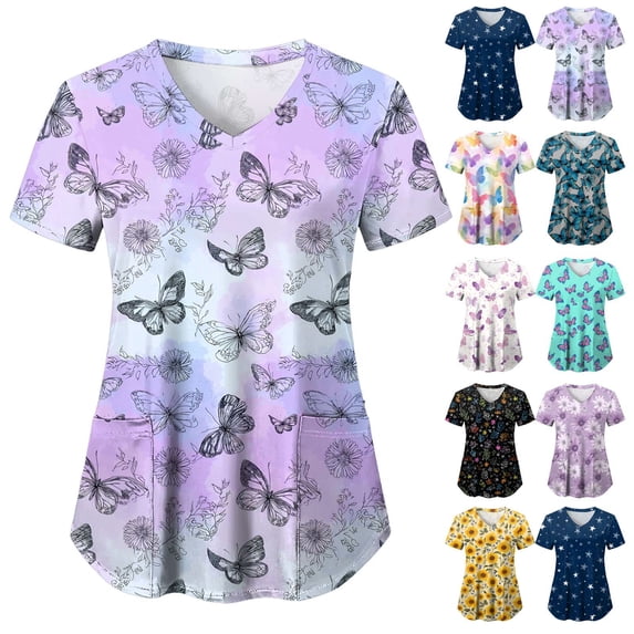 GEWSEY Scrubs for Women V Neck Short Sleeve Animal Print Nursing Uniform Top with Pockets - Stretch Medical Scrub Shirt (Light Purple, S)