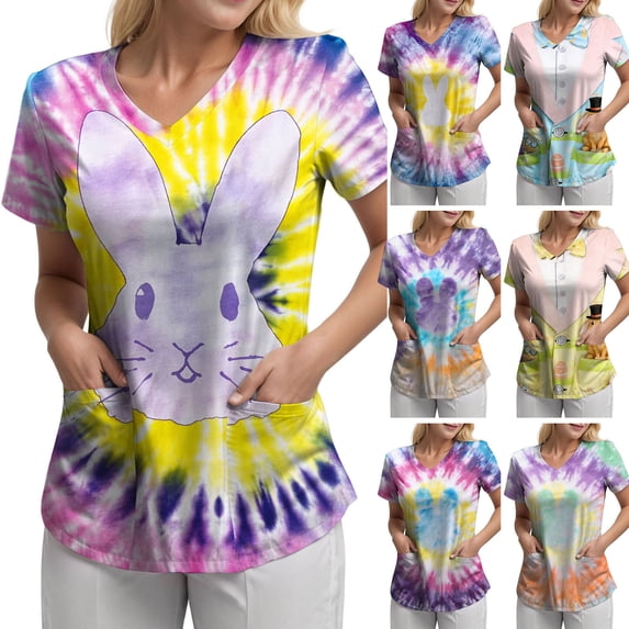 GEWSEY Scrubs for Women V Neck Short Sleeve Easter Printed Tops Cartoon Pattern Plus Size Nursing with Pockets (Light Blue, XXL)
