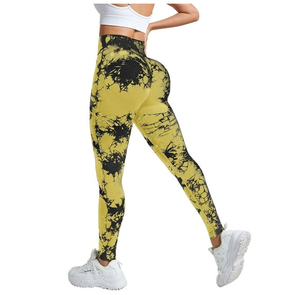 GEWSEY Scrunch Lift Leggings for Women Tie Dye High Waist Seamless Workout Yoga Pants Ruched Booty Compression Tights (Yellow, S)