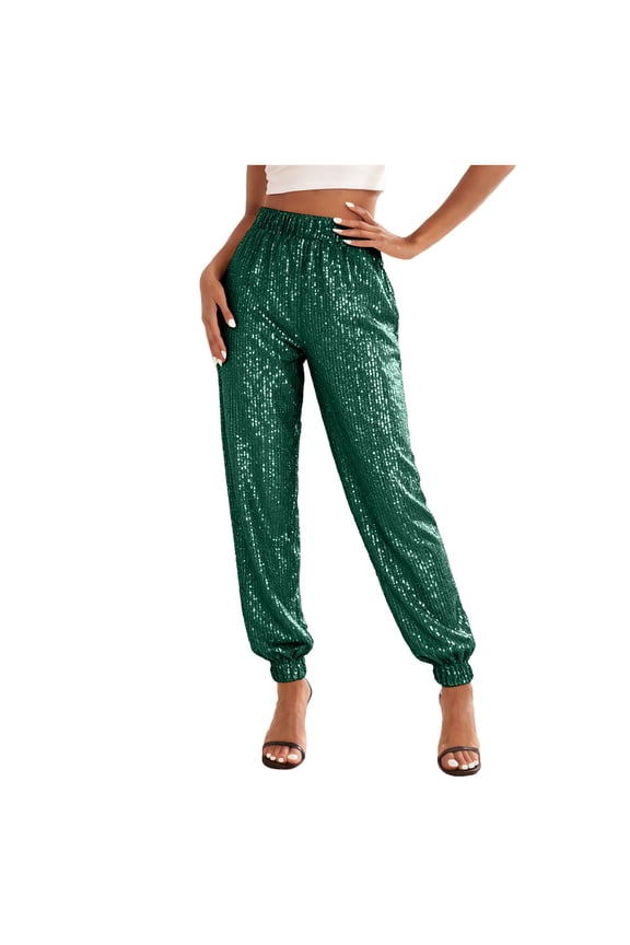 Sequin Joggers for Women Elastic High Waisted Sparkly Pants Holiday Party Glitter Trousers Disco Dance Clothes 2026 (Green, L)