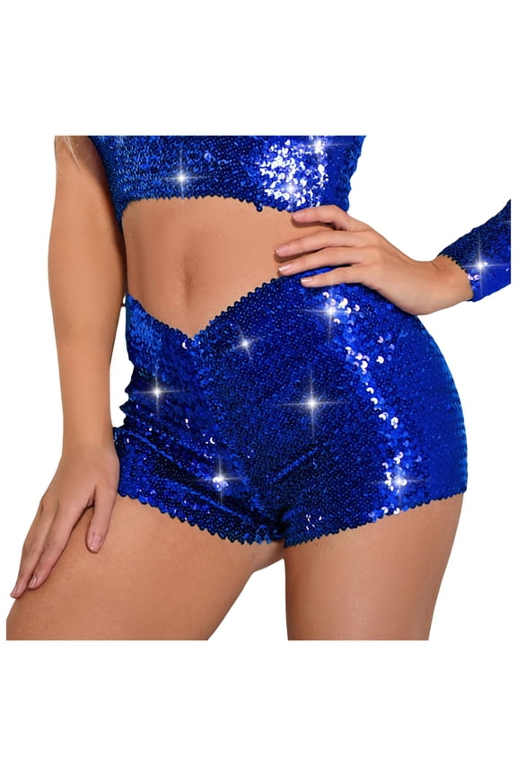 Sequin Micro Shorts Women Carnival Sparkly Sequins High Waist Elastic Sexy Rave Y2K Mini Shorts Party Clubwear (Blue, M)