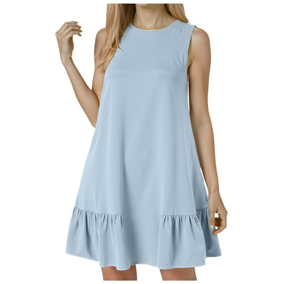GEWSEY Sexy Sleeveless Tank Dress for Women Beach Vacation Ruffle Hem Tshirt Sundress Summer Loose Fit Cover Ups Dresses (Light Blue, S)