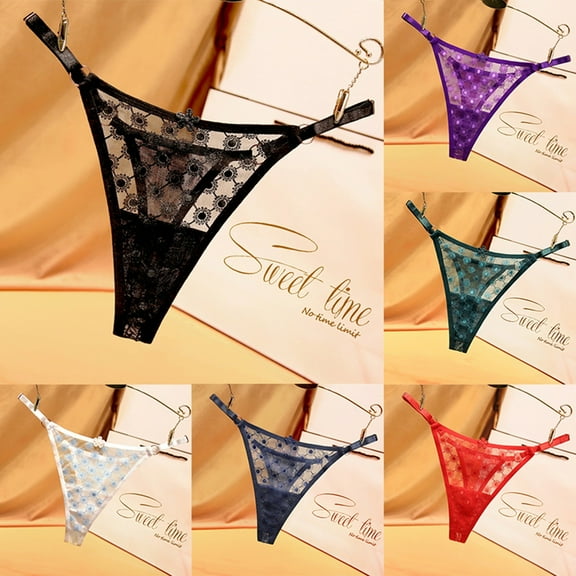 GEWSEY Sexy Thongs for Women Breathable Lace Underwear Rhinestones Strap G-String Stretch Panties Thong (Purple, One Size)