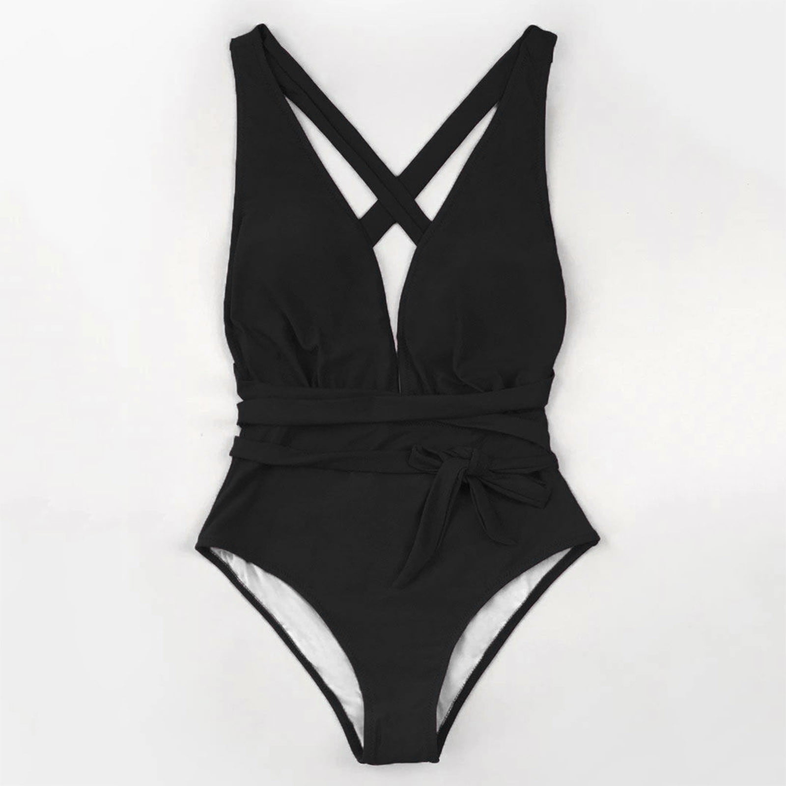 GEWSEY Sexy Tie Criss Cross Plunge One Piece Thong Swimsuit High Cut