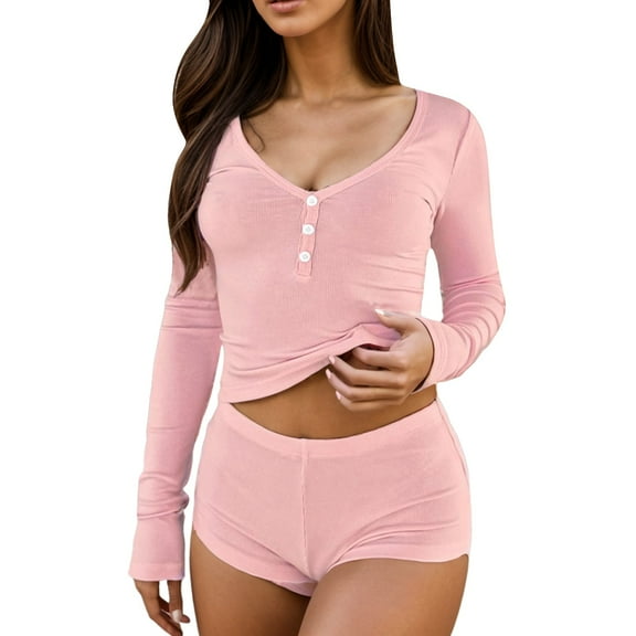 GEWSEY Sexy V Neck Pajamas for Women Sets 2 Piece Y2k Pjs Nightwear Lounge Sets Long Sleeve Crop Top and Short Sets (Pink, L)