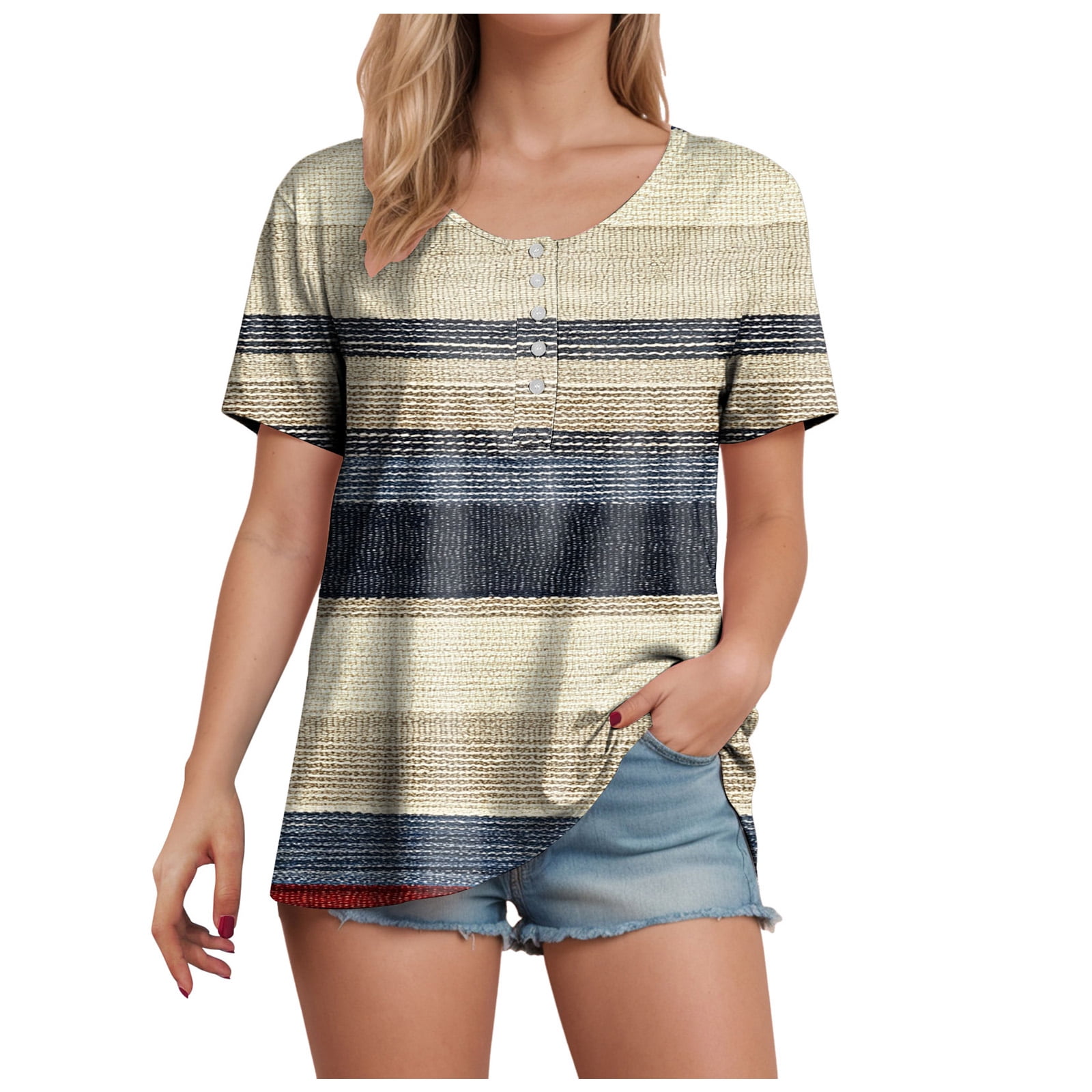 GEWSEY Short Sleeve Shirts for Women Button Crew Neck T Shirts Casual ...