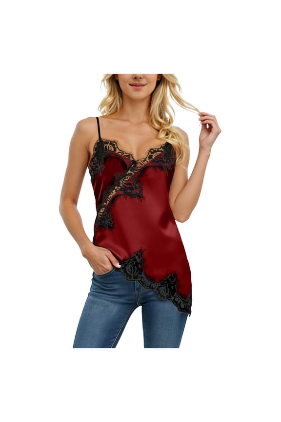 Silk Lace Trim Camisole Tops for Women Satin Asymmetrical Tank Top Backless Lace Patchwork Cami Going Out (Wine, XXL)