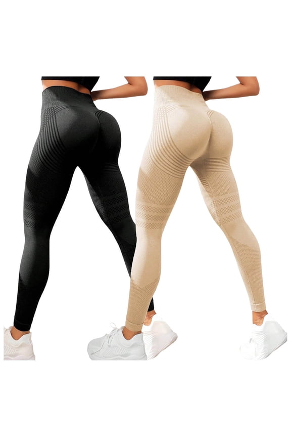 2 Pack Lifting Yoga Leggings for Women Tummy Control High Waist Seamless Booty Scrunch Gym Running Workout Pants (Beige, M)